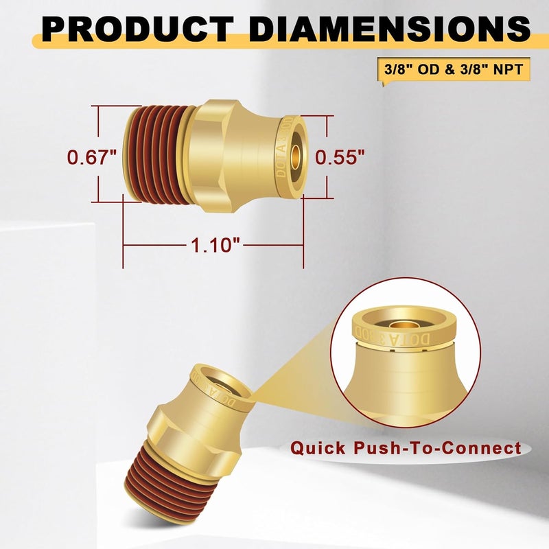 Siptenk 3/8" DOT Brass Push to Connect Air Line Fittings 5 PCS, 3/8" OD Tube x 3/8" NPT Thread Air Brake Line Quick Connect Fittings for Truck Trailers Industry Air System - Image 5